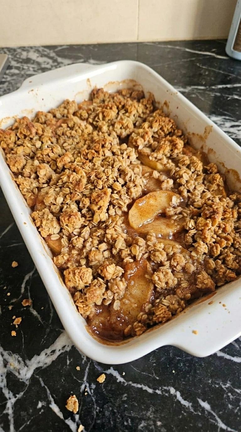 Apple Crisp with Oatmeal Crumble step 4: bake until the center bubbles with visible texture changes Recipe focus: apple cinnamon oatmeal bake.