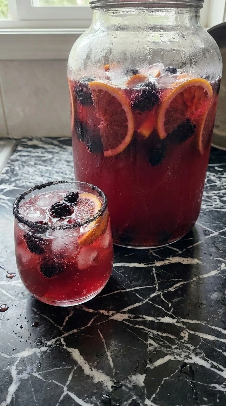 Big Batch Cocktails Halloween deep ruby punch with bubbles, black sugar rim, blackberries and blood orange. Recipe focus: easy big batch cocktails halloween.
