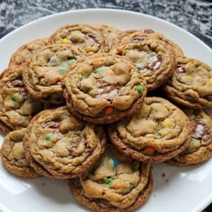 Brown Butter Halloween Candy Cookies with golden edges, cracked centers and colorful Halloween candy