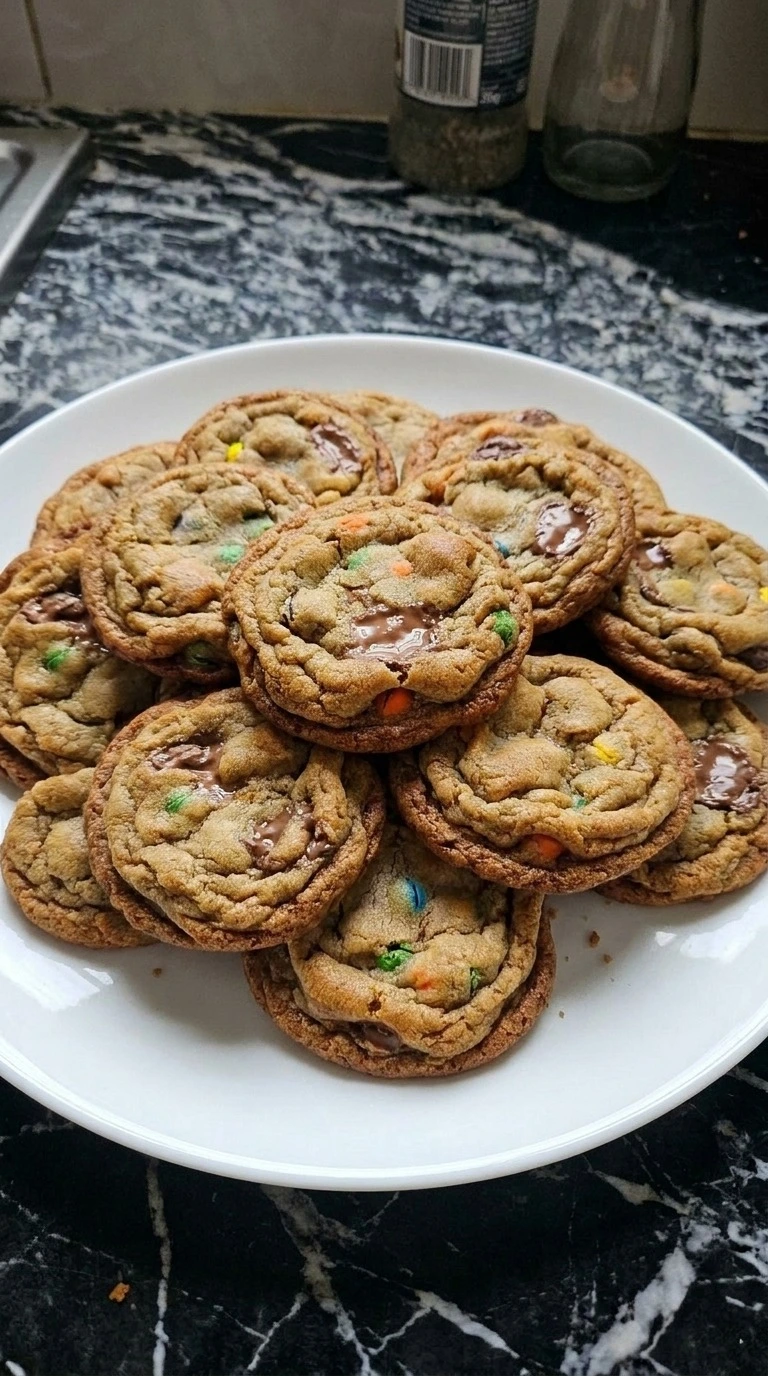 Brown Butter Halloween Candy Cookies with golden edges, cracked centers and colorful Halloween candy