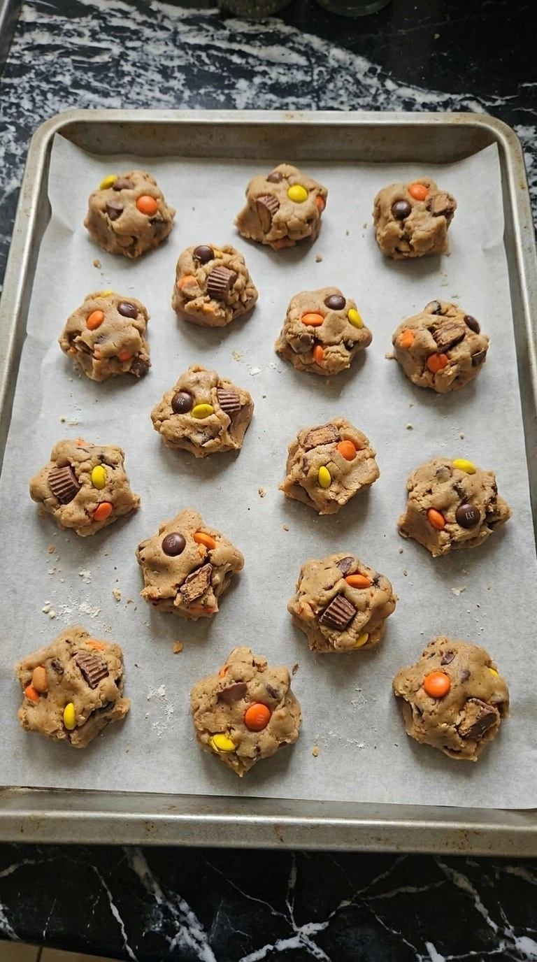 Portioned Brown Butter Halloween Candy Cookies dough filled with colorful chocolate candy and peanut butter cups