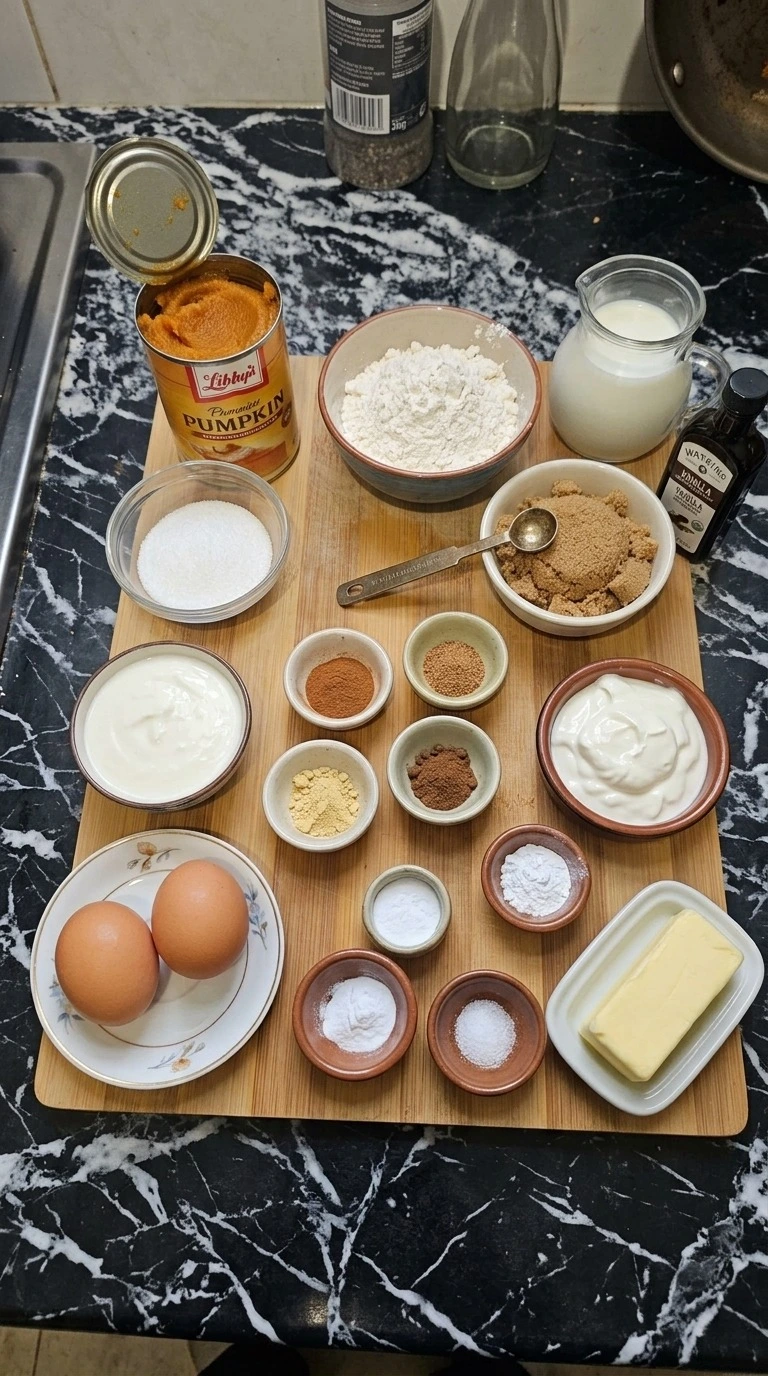 Brown Butter Pumpkin Bread ingredients with pumpkin puree, butter, flour, sugars, eggs, sour cream and warm spices Recipe focus: fall bread recipes.