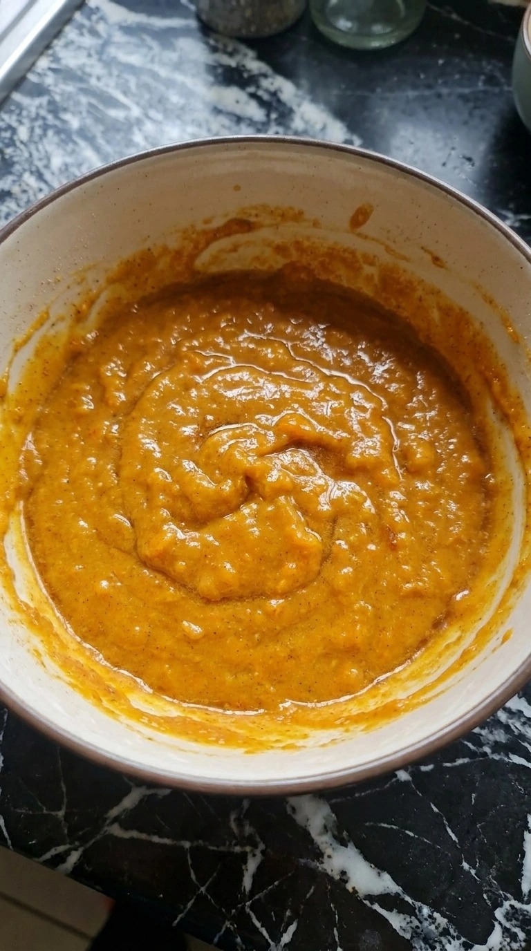 Brown Butter Pumpkin Bread batter folded thick and glossy with pumpkin, sour cream, browned butter and warm spices Recipe focus: sour cream pumpkin bread.