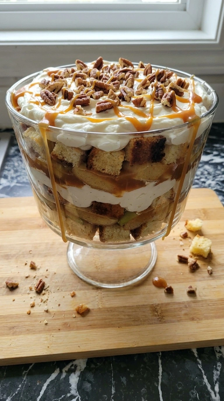 Carmel Apple Trifle Fall Desserts layered with cinnamon apples, cream, toasted cake and caramel