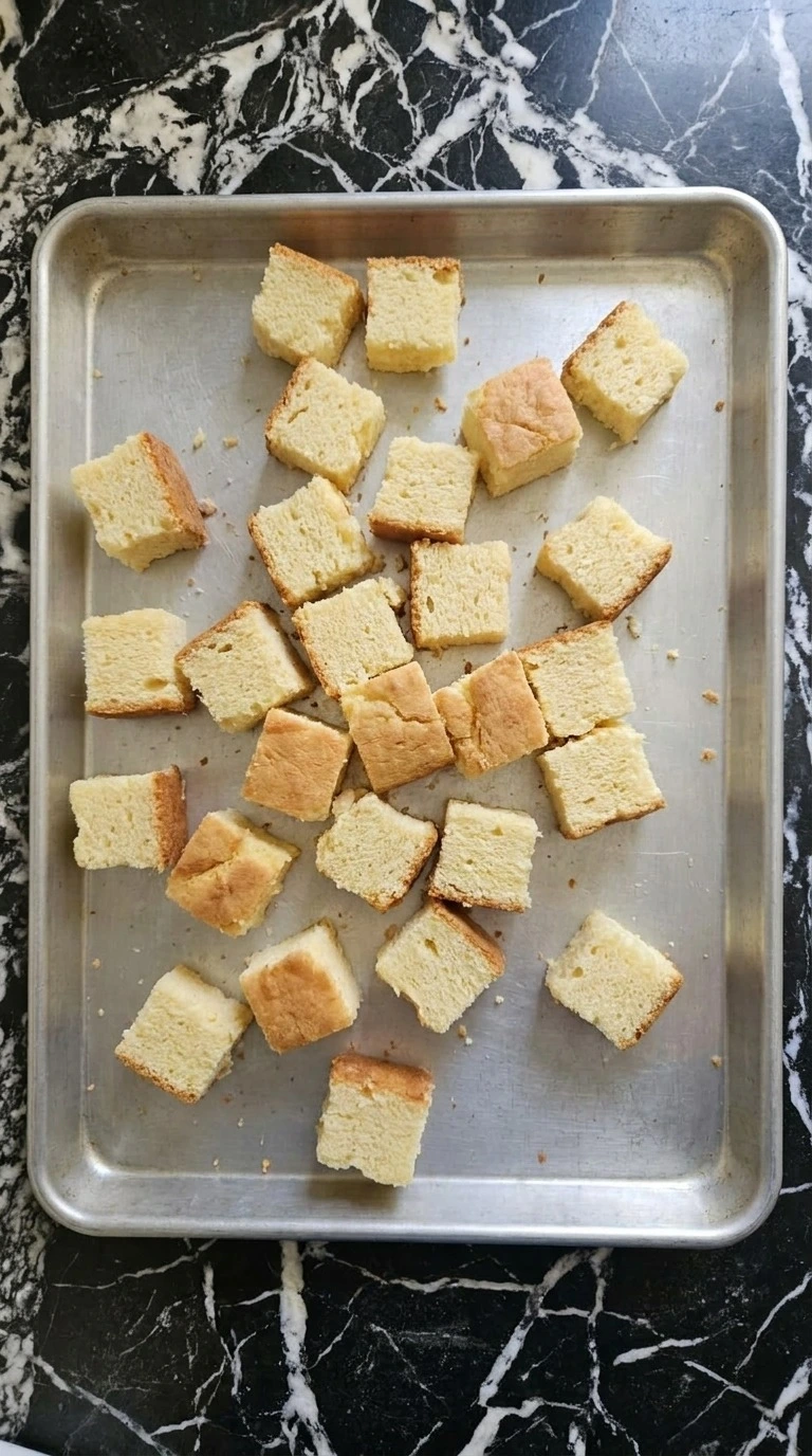 Toasted pound cake cubes for Carmel Apple Trifle Fall Desserts with pale golden edges