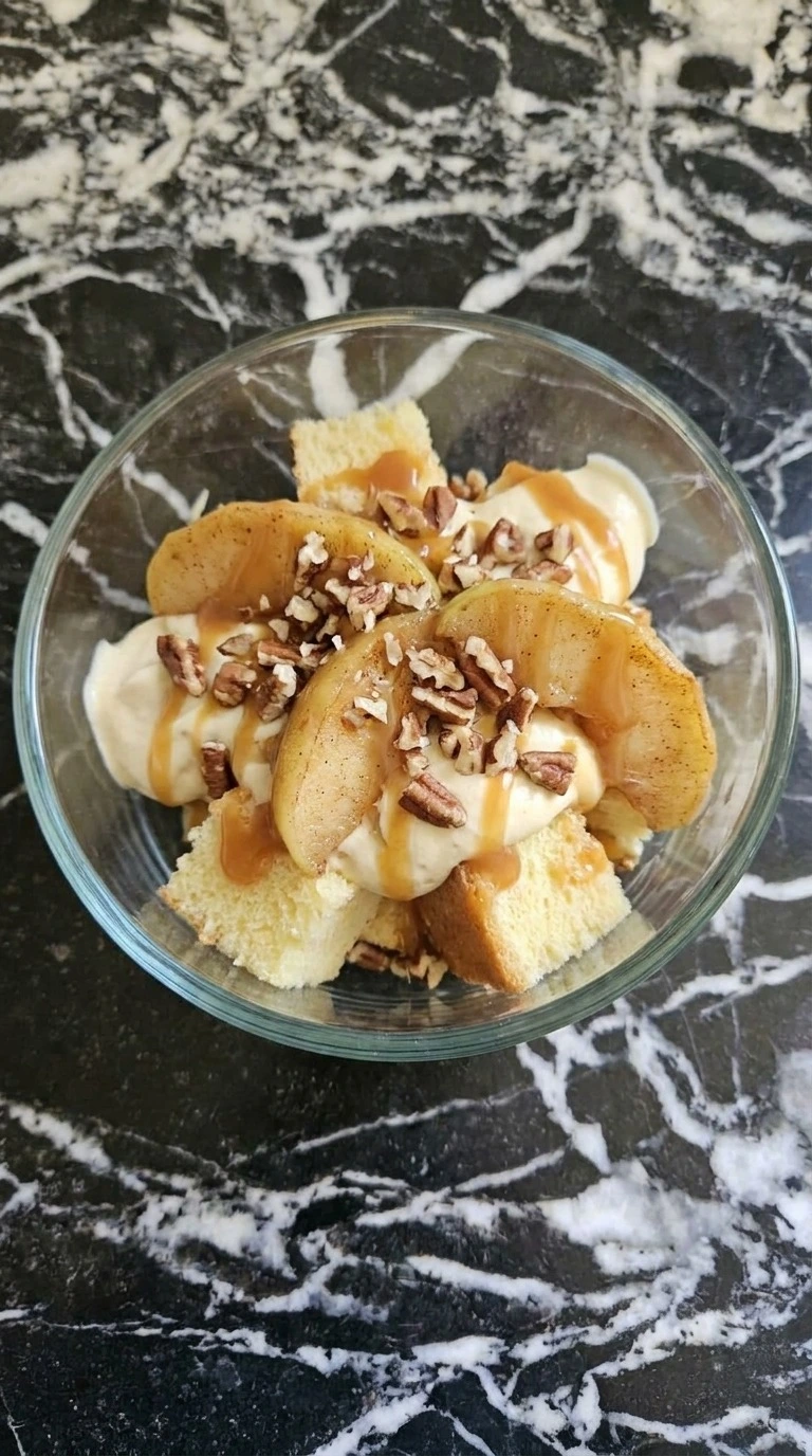 Served Carmel Apple Trifle Fall Desserts showing soft cake, cinnamon apples, cream and caramel
