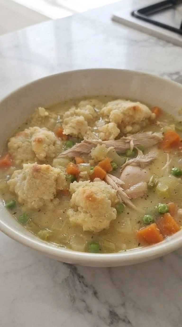 Chicken Pot Pie Soup with creamy broth and tender chicken pieces in a bowl Recipe focus: easy chicken pot pie.