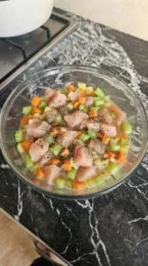 Chicken Pot Pie Soup prep with diced chicken breast and vegetables Recipe focus: easy chicken pot pie with pie crust.