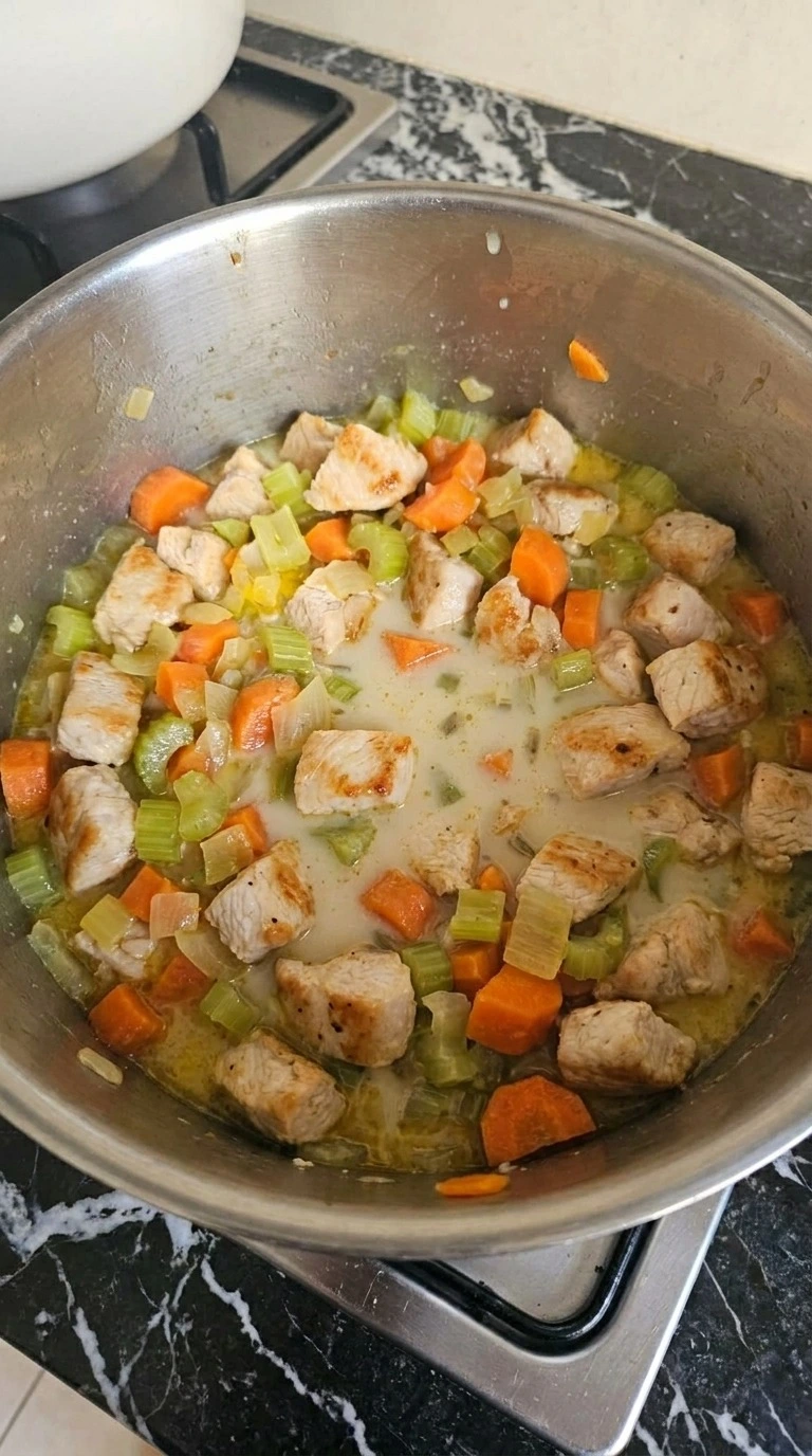 Chicken Pot Pie Soup creamy base with chicken and vegetables simmering Recipe focus: easy chicken pot pie.
