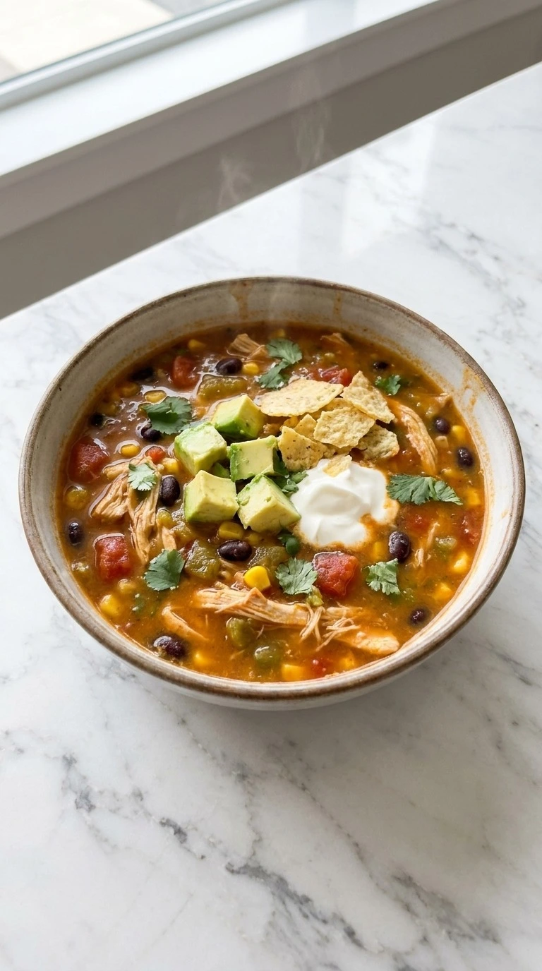 Chicken Taco Soup in a bowl with tender chicken beans and corn Recipe focus: taco soup recipe.