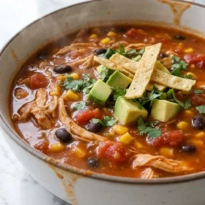 Chicken Taco Soup in a bowl with tender chicken beans and corn Recipe focus: taco soup recipe.