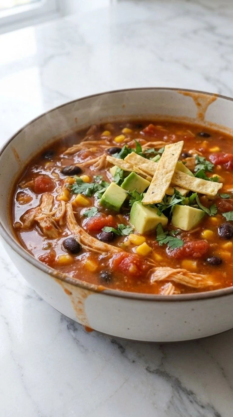 Chicken Taco Soup in a bowl with tender chicken beans and corn Recipe focus: taco soup recipe.