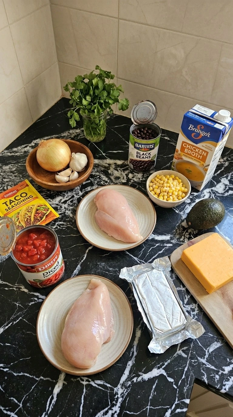 Chicken Taco Soup ingredients with chicken beans corn and vegetables Recipe focus: taco soup crock pot.