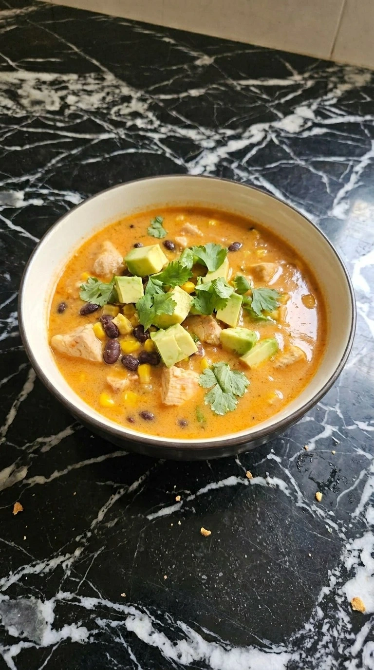 Chicken Taco Soup served bowl with chicken beans and fresh garnish Recipe focus: taco soup crock pot.