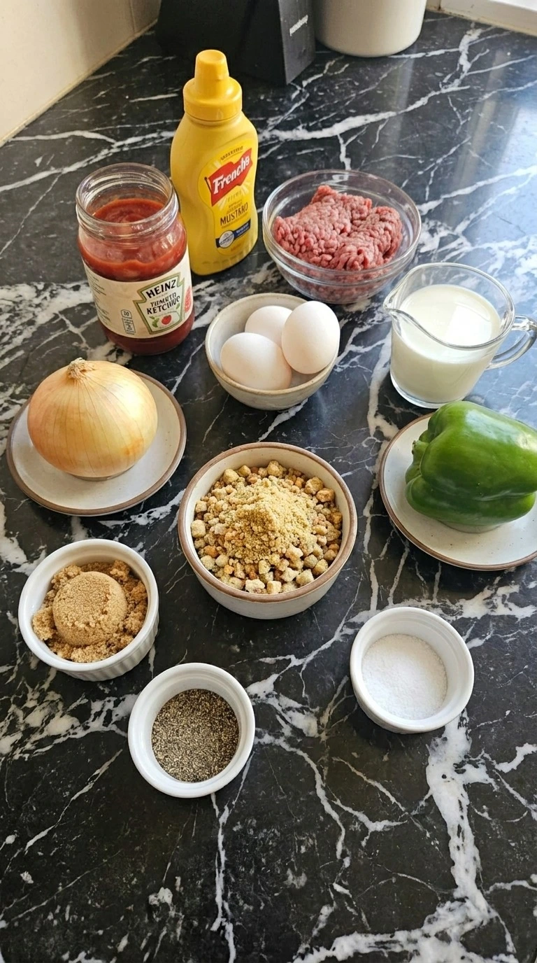 Cracker Barrel Meatloaf ingredients arranged before cooking Recipe focus: best meatloaf recipes.