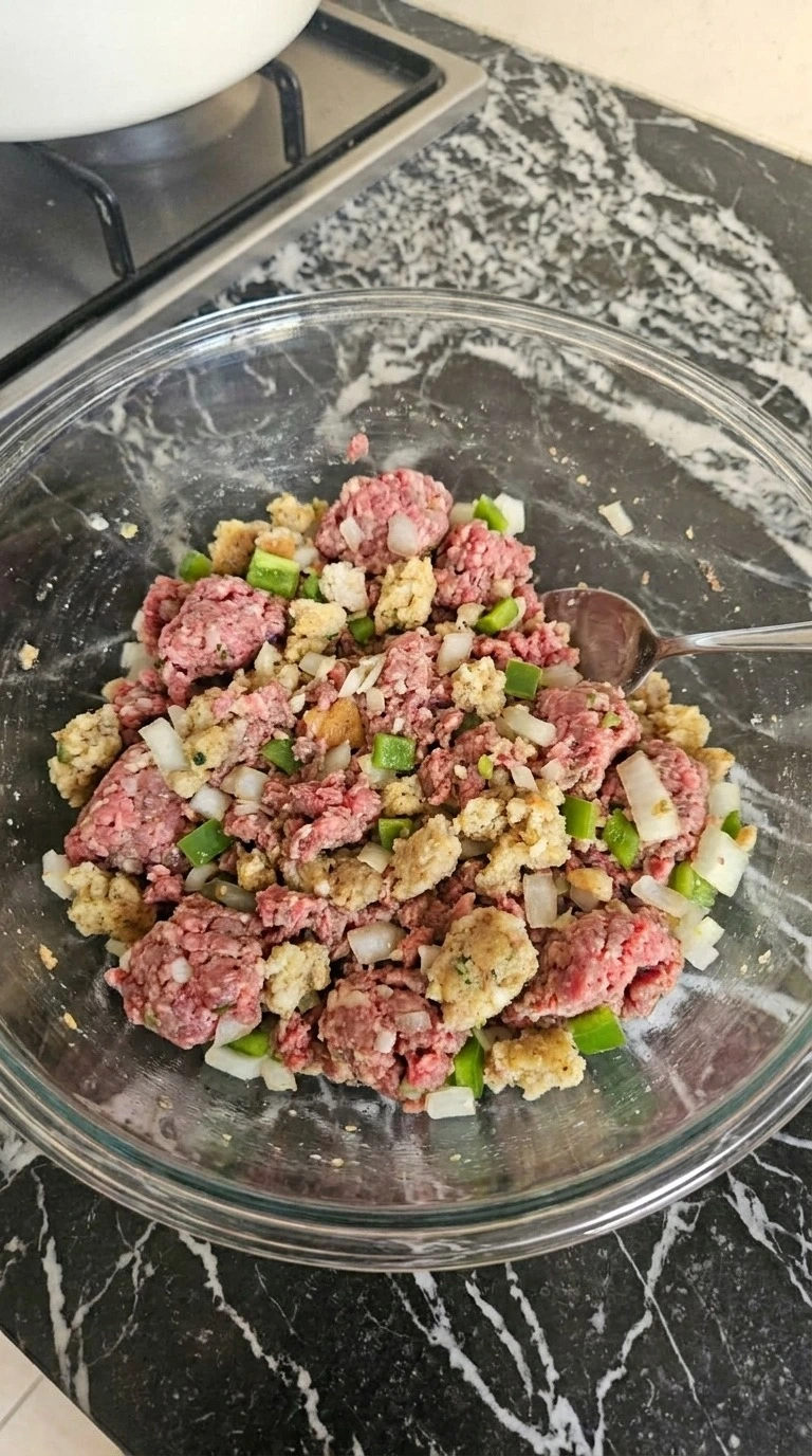 Cracker Barrel Meatloaf mixture blended with stuffing and vegetables Recipe focus: stove top meatloaf.