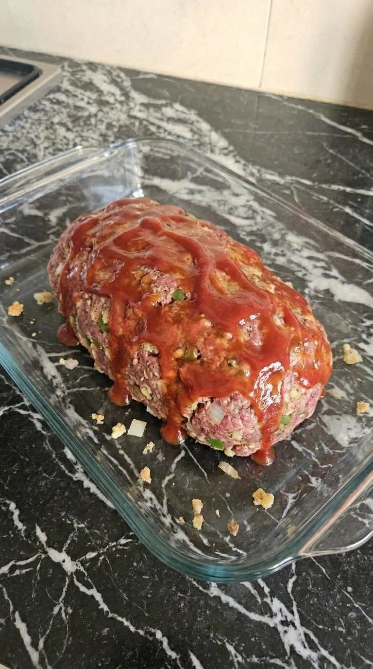 Cracker Barrel Meatloaf shaped with glaze before baking Recipe focus: meatloaf with stove top stuffing.
