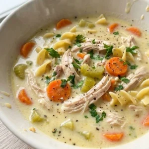 Creamy Chicken Noodle Soup in a bowl with noodles chicken and vegetables Recipe focus: chicken noodle soup homemade.