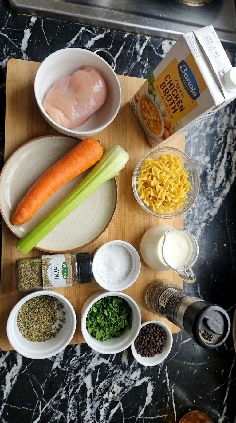 Creamy Chicken Noodle Soup ingredients with chicken vegetables noodles and cream Recipe focus: chicken noodle soup recipe.