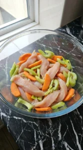 Creamy Chicken Noodle Soup sliced chicken carrots and celery preparation Recipe focus: easy chicken noodle soup recipe.