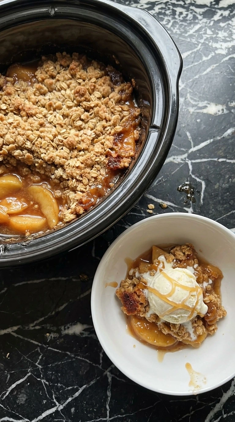Crockpot Apple Crisp with Pie Filling with golden oat crumble and warm apple slices topped with vanilla Recipe focus: crock pot apple crisp with pie filling.