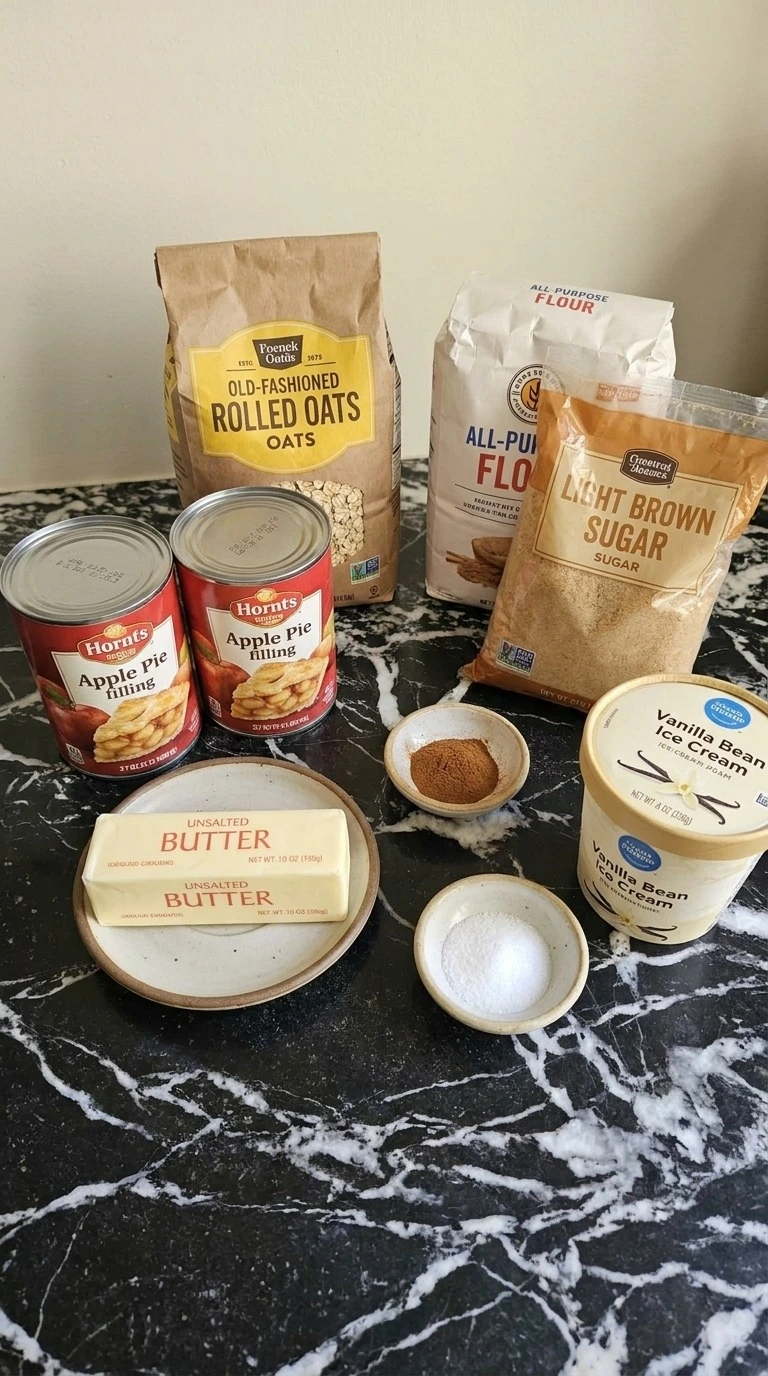 Crockpot Apple Crisp with Pie Filling ingredients including canned apple filling, rolled oats, brown Recipe focus: crock pot apple crisp with pie filling.