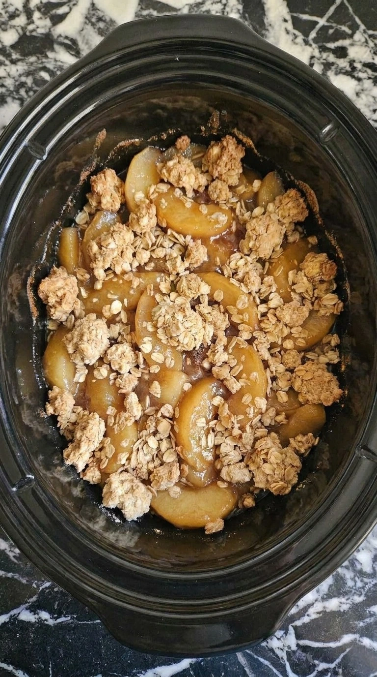 Crockpot Apple Crisp with Pie Filling bubbling in the slow cooker with golden brown oatmeal topping Recipe focus: crock pot apple crisp with pie filling.
