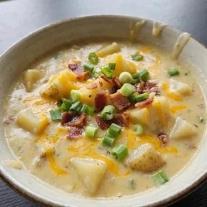 Crockpot Potato Soup in a bowl with creamy potato cubes and toppings Recipe focus: potato soup crock pot.