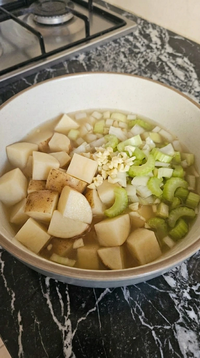 Crockpot Potato Soup step 1 with raw potatoes and soup ingredients Recipe focus: crockpot potato soup with hashbrowns.