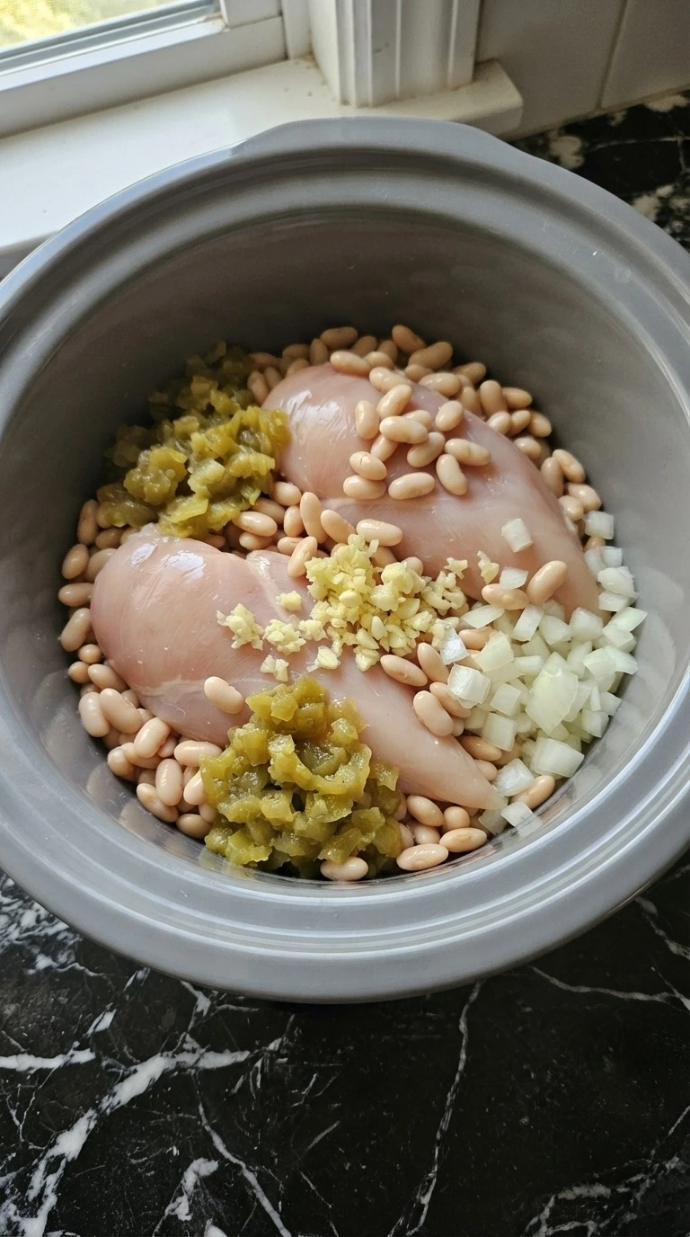 Crockpot White Chicken Chili mixing chicken beans and green chiles Recipe focus: white chicken chili recipe.