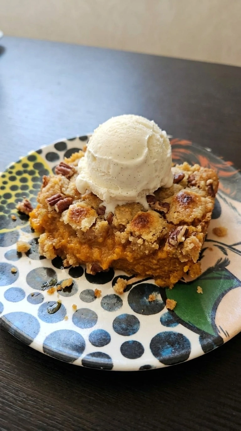 Dump Cake Pumpkin Fall Desserts with golden pecan crumble and vanilla bean ice cream Recipe focus: dump cake recipes pumpkin fall desserts.