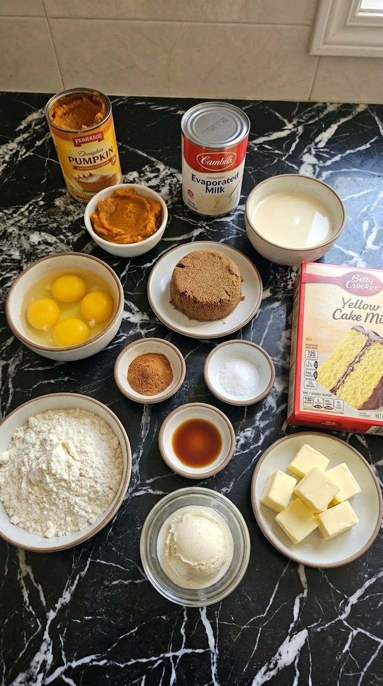 Dump Cake Pumpkin Fall Desserts ingredients including pumpkin puree, yellow cake mix, pecans and butter Recipe focus: dump cake recipes pumpkin fall desserts.
