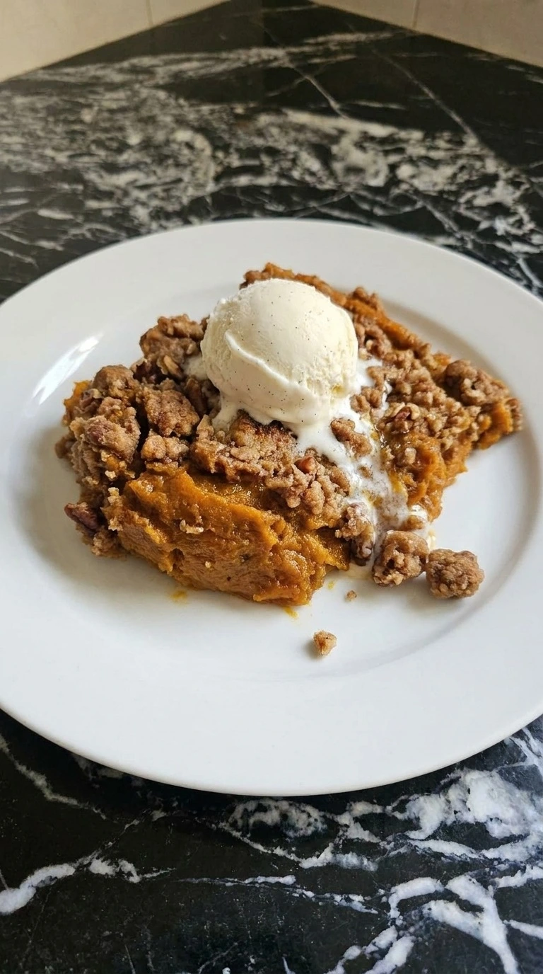 Dump Cake Pumpkin Fall Desserts serving with soft pumpkin center, pecan crumble and vanilla bean ice Recipe focus: dump cake recipes pumpkin fall desserts.