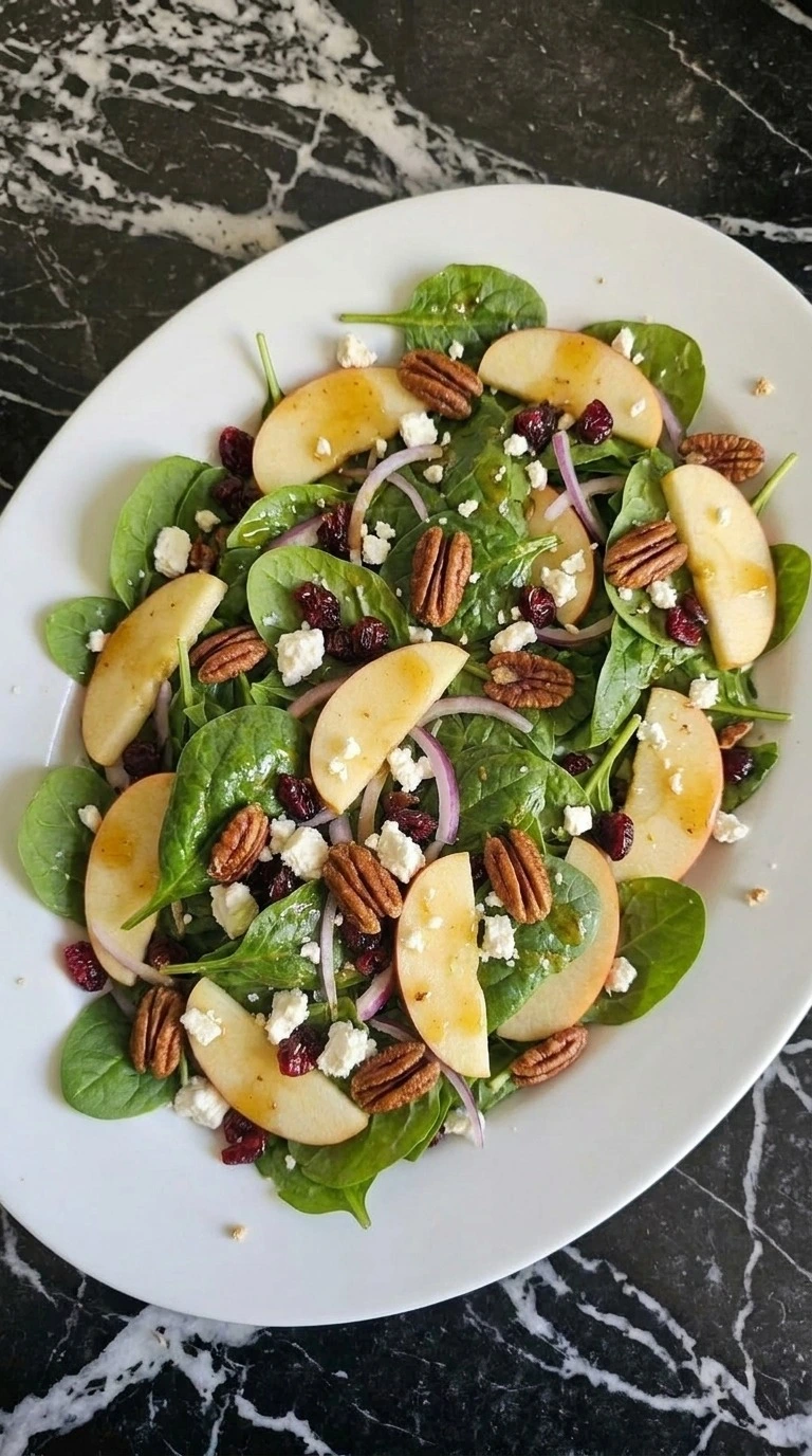Fall Apple Salad with Honeycrisp slices, feta, toasted pecans and cranberries on a white serving platter Recipe focus: apple fall salad.