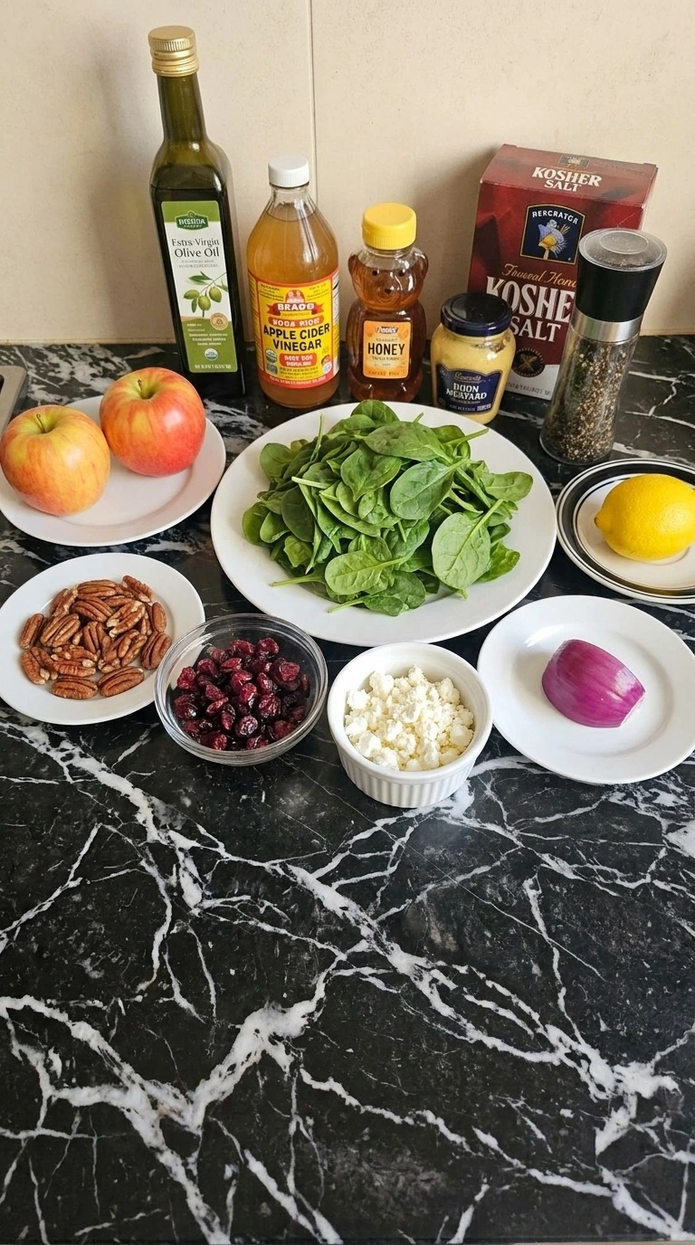 Fall Apple Salad ingredients with whole Honeycrisp apples, spinach, pecans, feta and vinaigrette items Recipe focus: fall salad apple.