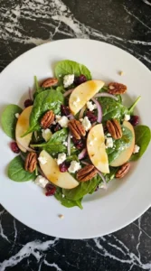 Fall Apple Salad plated with crisp Honeycrisp slices, toasted pecans, feta and cranberries Recipe focus: honeycrisp apple salad.