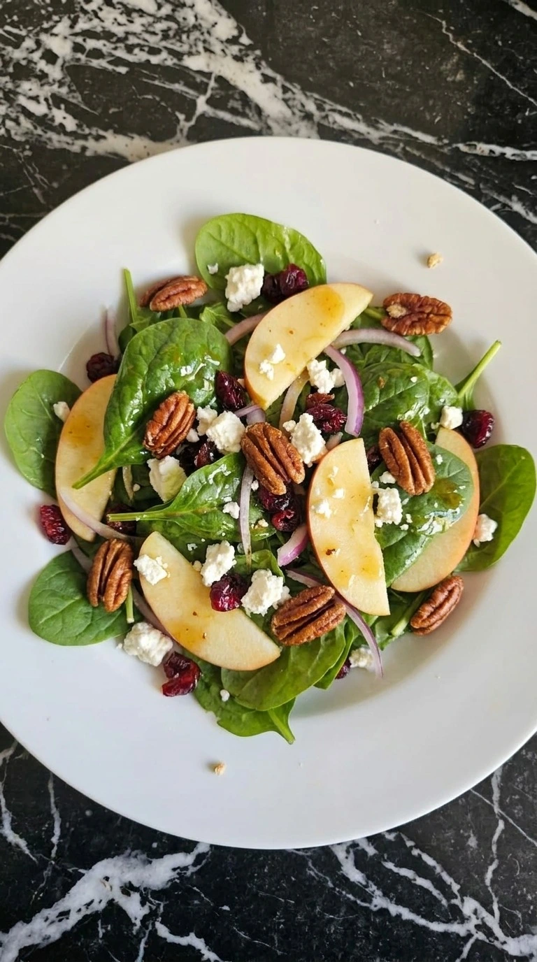 Fall Apple Salad plated with crisp Honeycrisp slices, toasted pecans, feta and cranberries Recipe focus: honeycrisp apple salad.