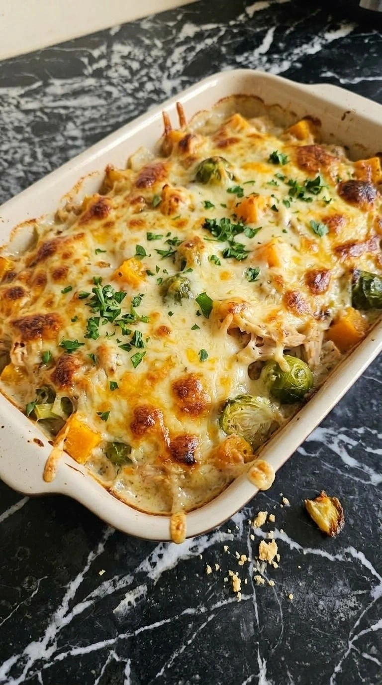 Fall Casserole for Dinner baked with chicken vegetables and golden cheese topping Recipe focus: fall casserole recipes for dinner.