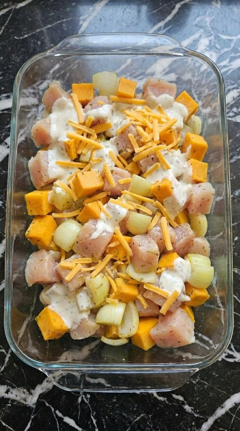 Fall Casserole for Dinner layered chicken casserole before oven baking Recipe focus: fall healthy dinner recipes.