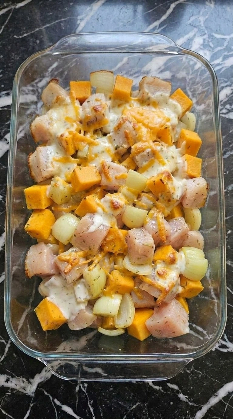 Fall Casserole for Dinner baking with melted cheese and golden topping Recipe focus: simple fall dinners.