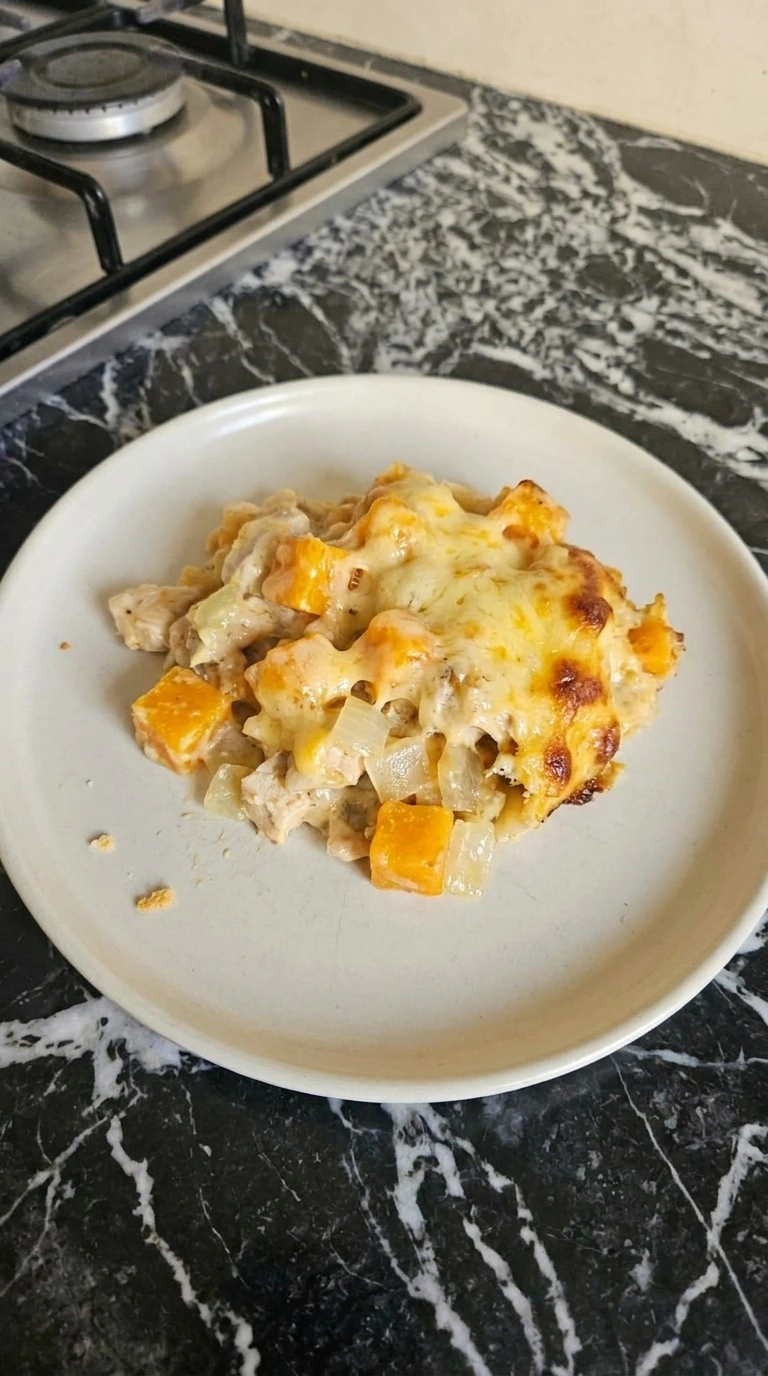 Fall Casserole for Dinner single plated portion with creamy layers Recipe focus: lazy dinners.