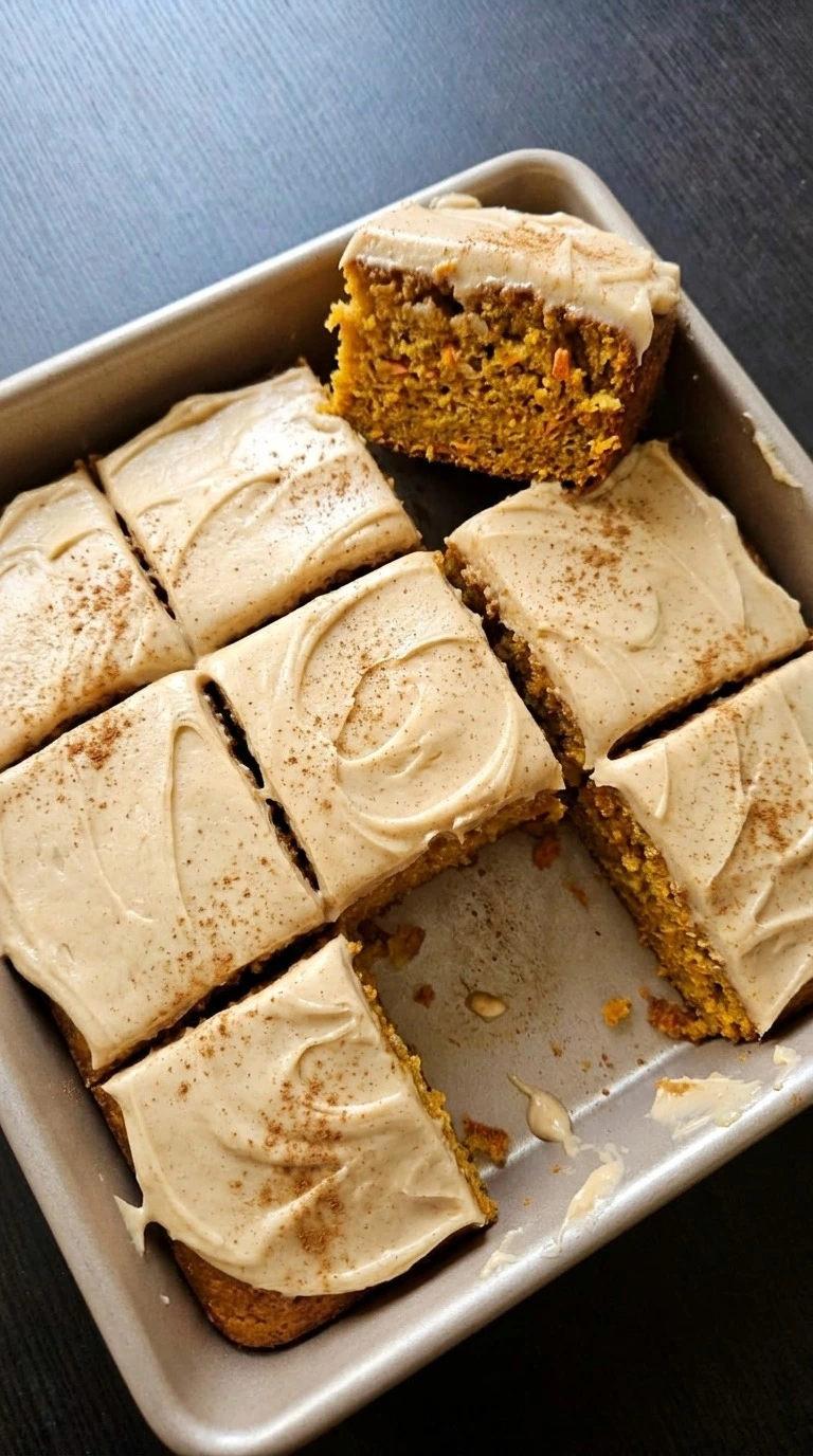 Fall Desserts for People Who Hate Pumpkin shown as apple carrot spice cake squares with brown butter cream cheese frosting