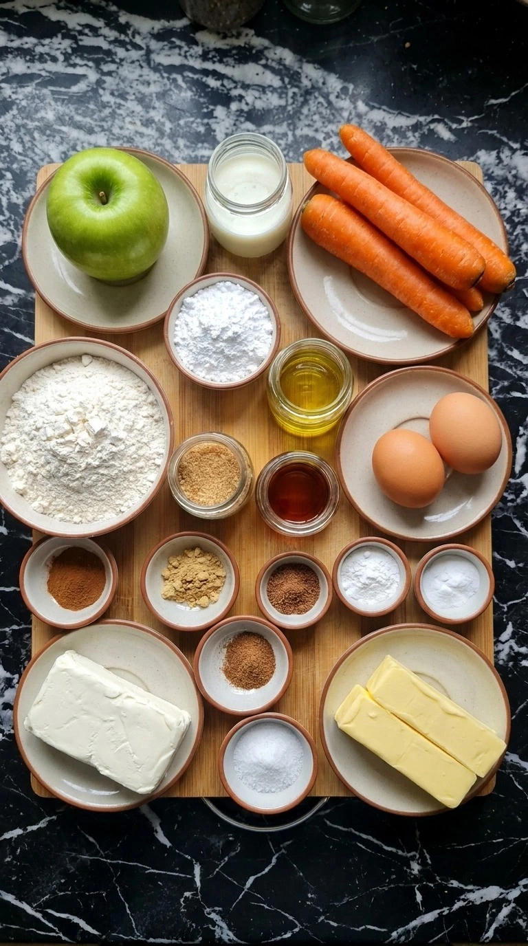 Fall Desserts for People Who Hate Pumpkin ingredients including apple carrots spices cream cheese and baking staples