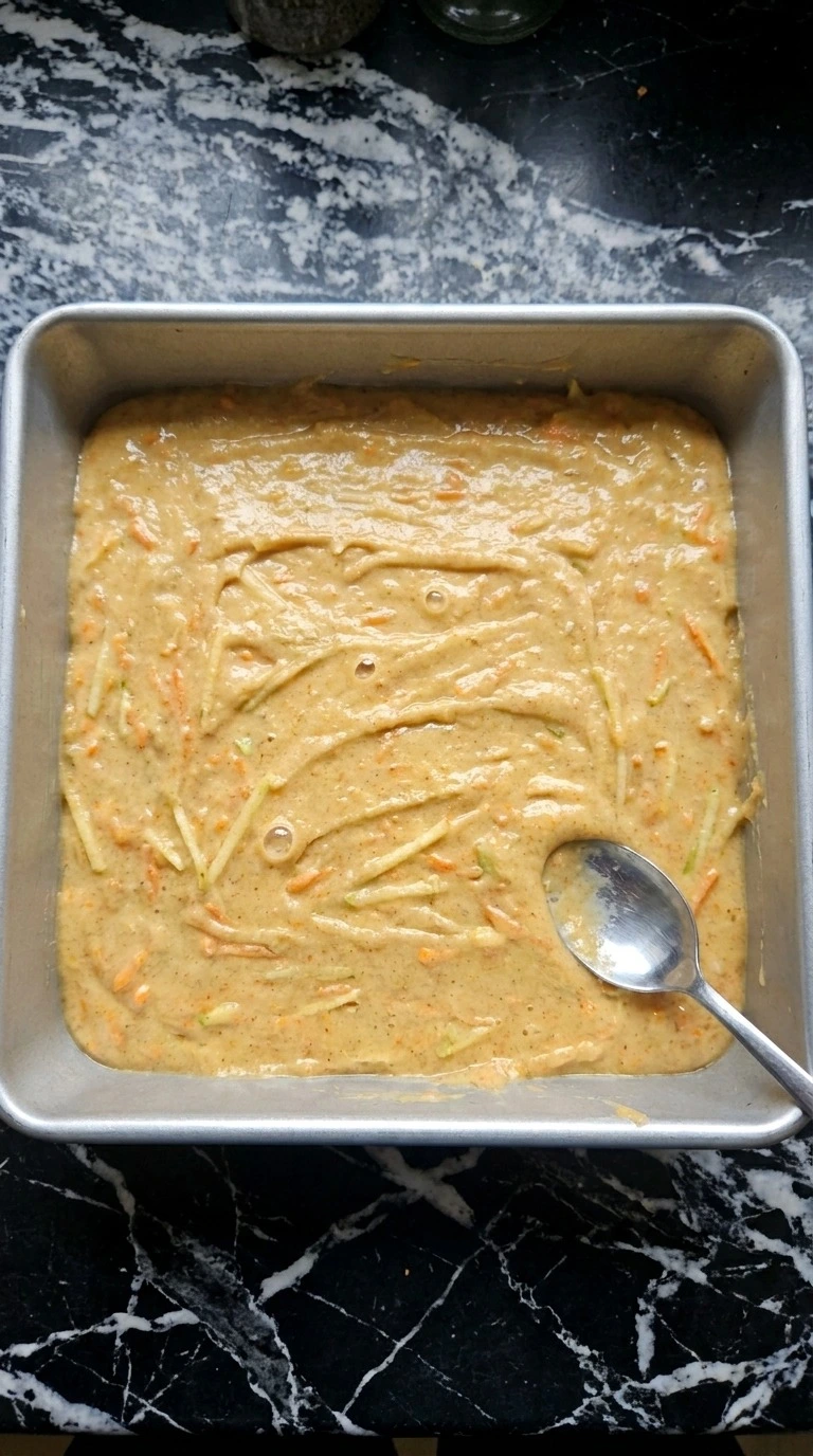 Spreading apple carrot batter in a square pan for Fall Desserts for People Who Hate Pumpkin