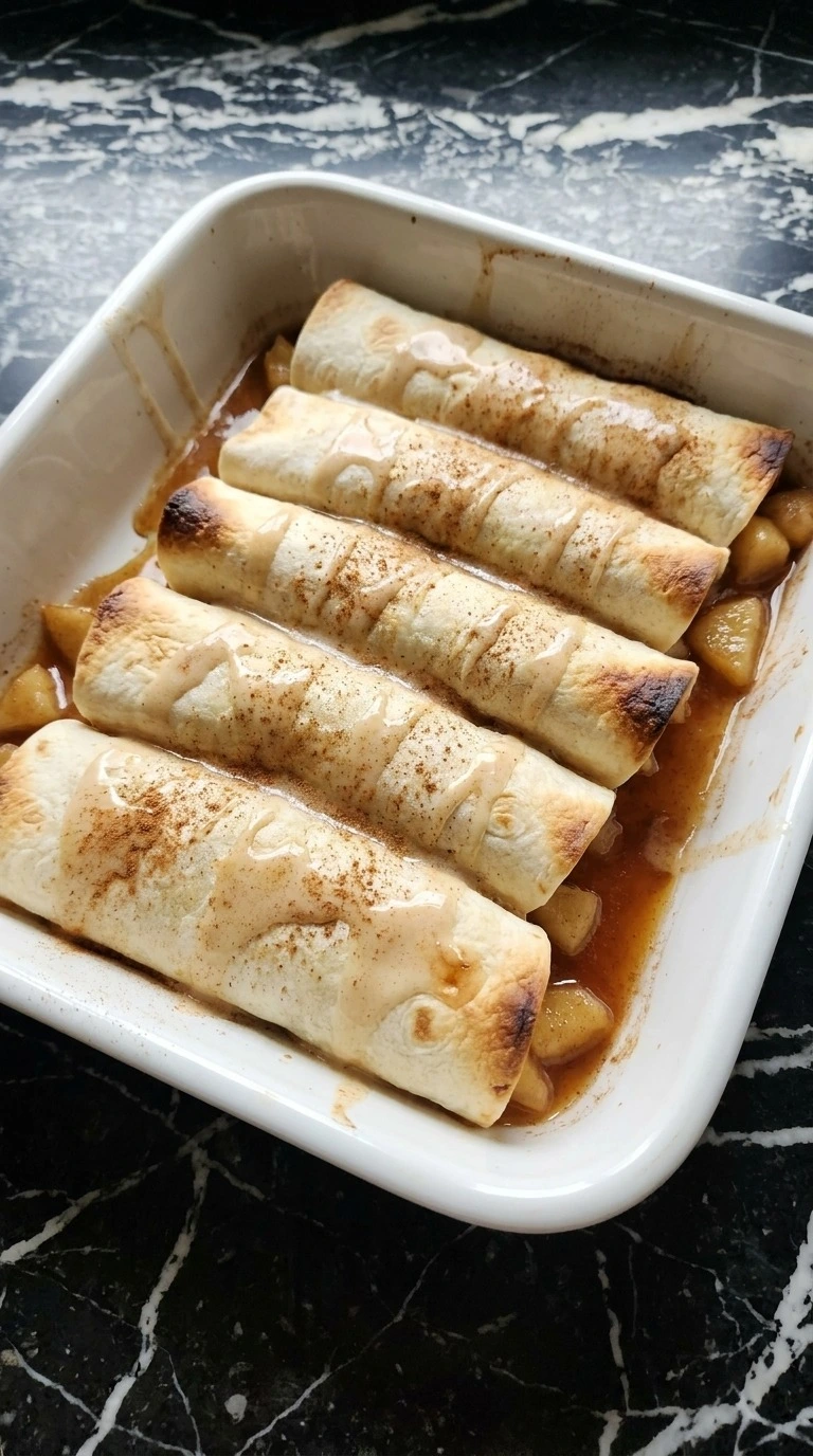 Fall Desserts with Apple Pie Filling shown as glazed cinnamon apple pie enchiladas in a white baking dish