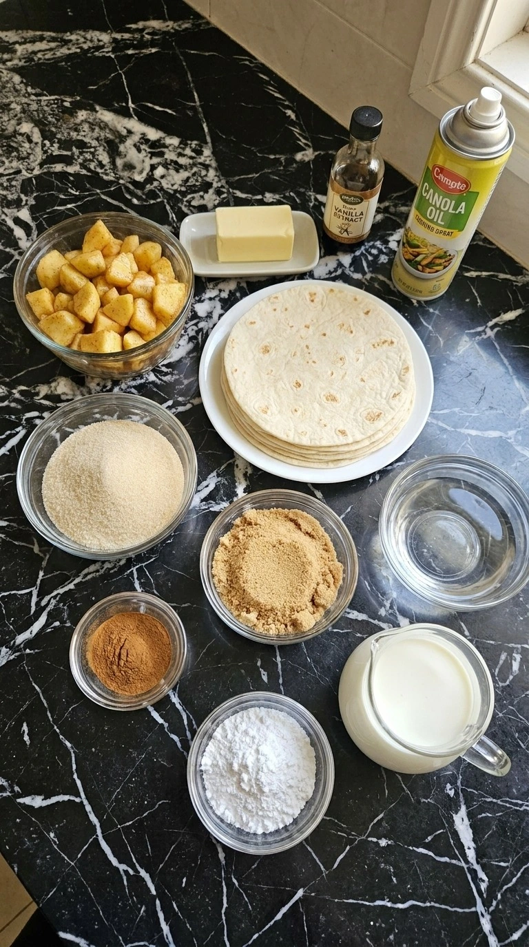 Fall Desserts with Apple Pie Filling ingredients including apple filling, flour tortillas, butter, sugars and cinnamon
