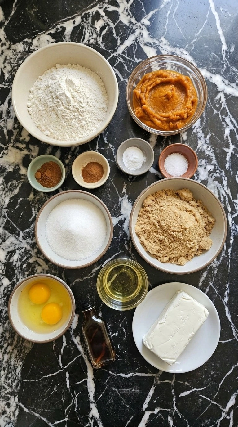 Fall Desserts with Cream Cheese ingredients including pumpkin puree, cream cheese, flour, eggs and warm spices