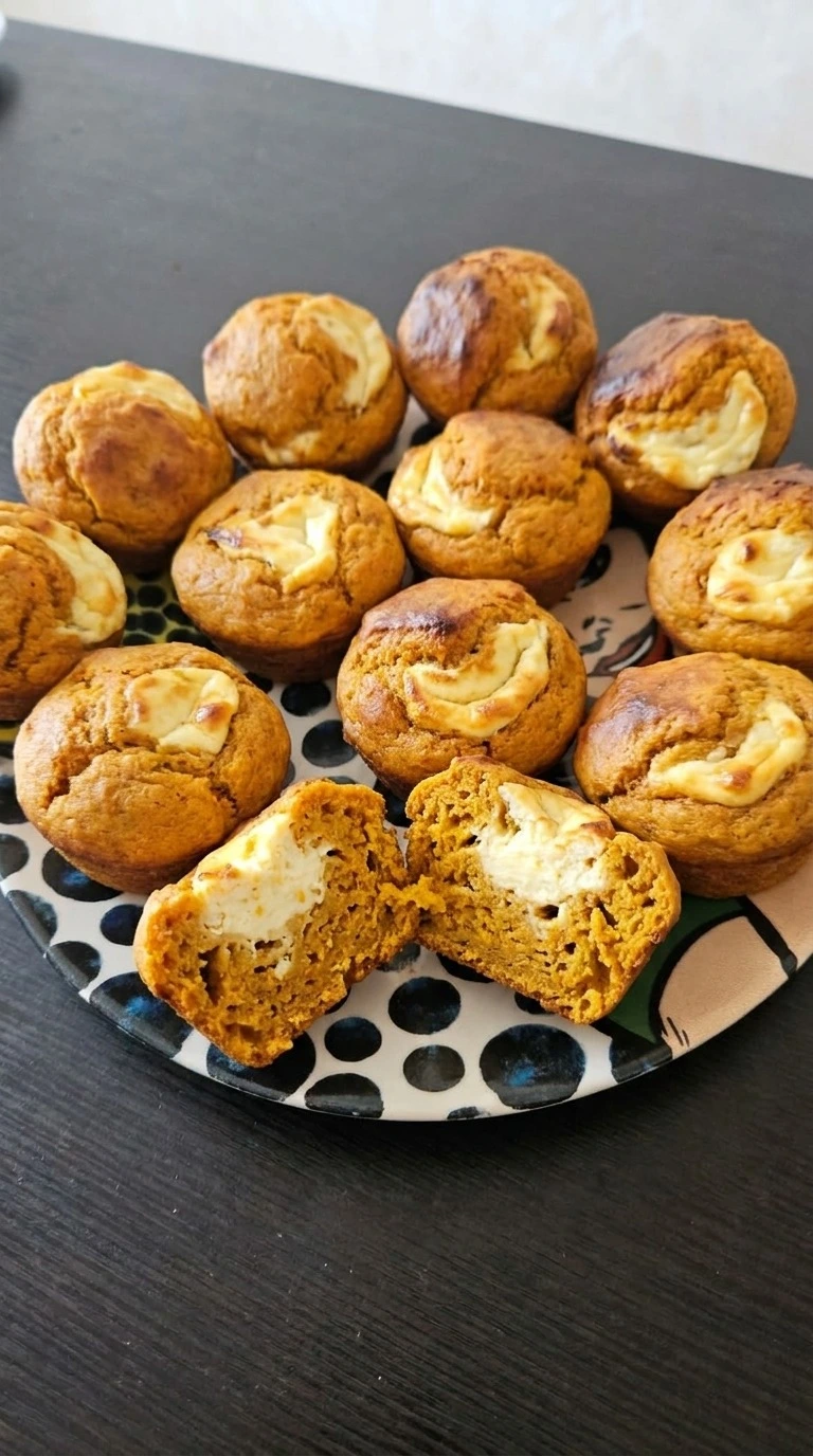 Fall Desserts with Cream Cheese shown as pumpkin muffins with creamy baked centers and a soft spiced crumb