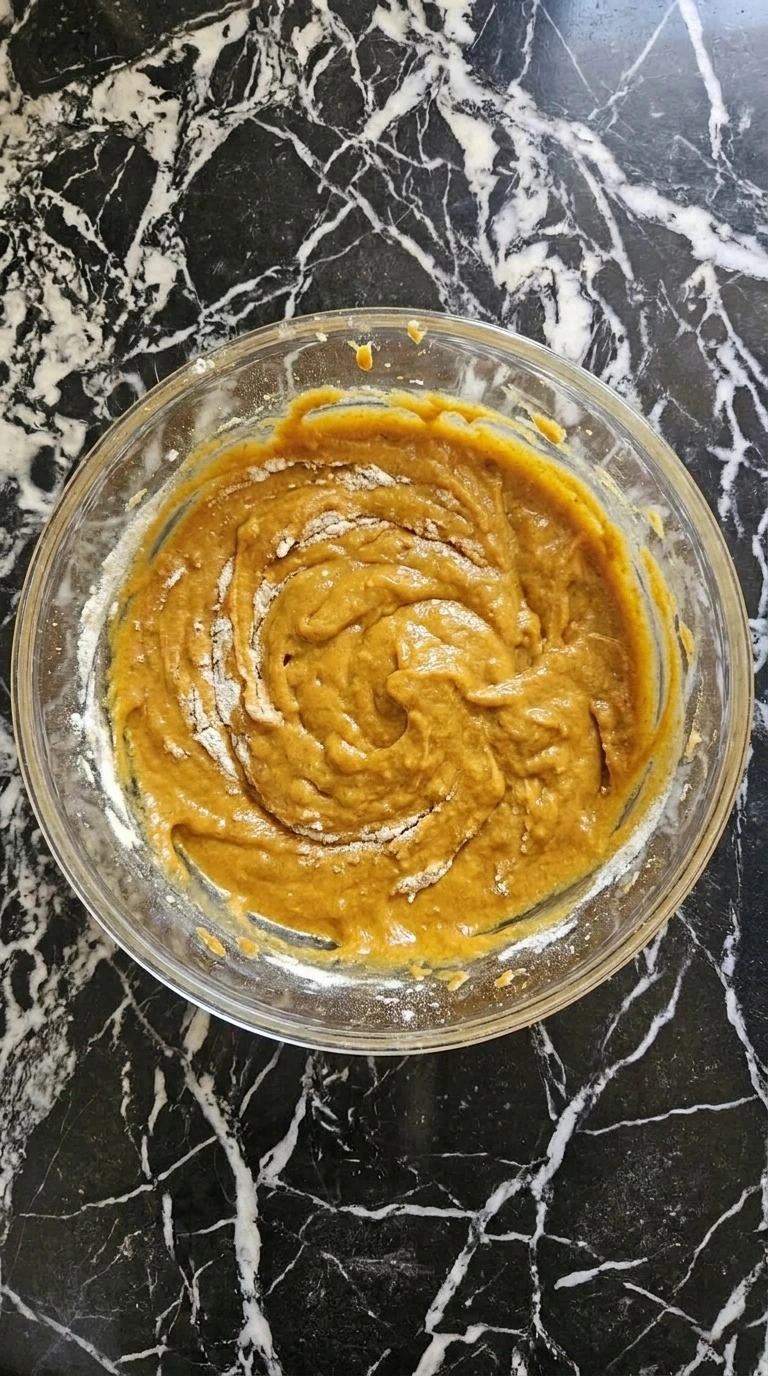 Fall Desserts with Cream Cheese step showing thick orange pumpkin muffin batter being folded