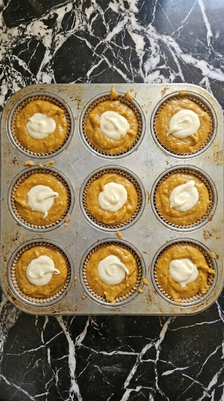 Fall Desserts with Cream Cheese step showing pumpkin muffin cups filled around white cream cheese centers